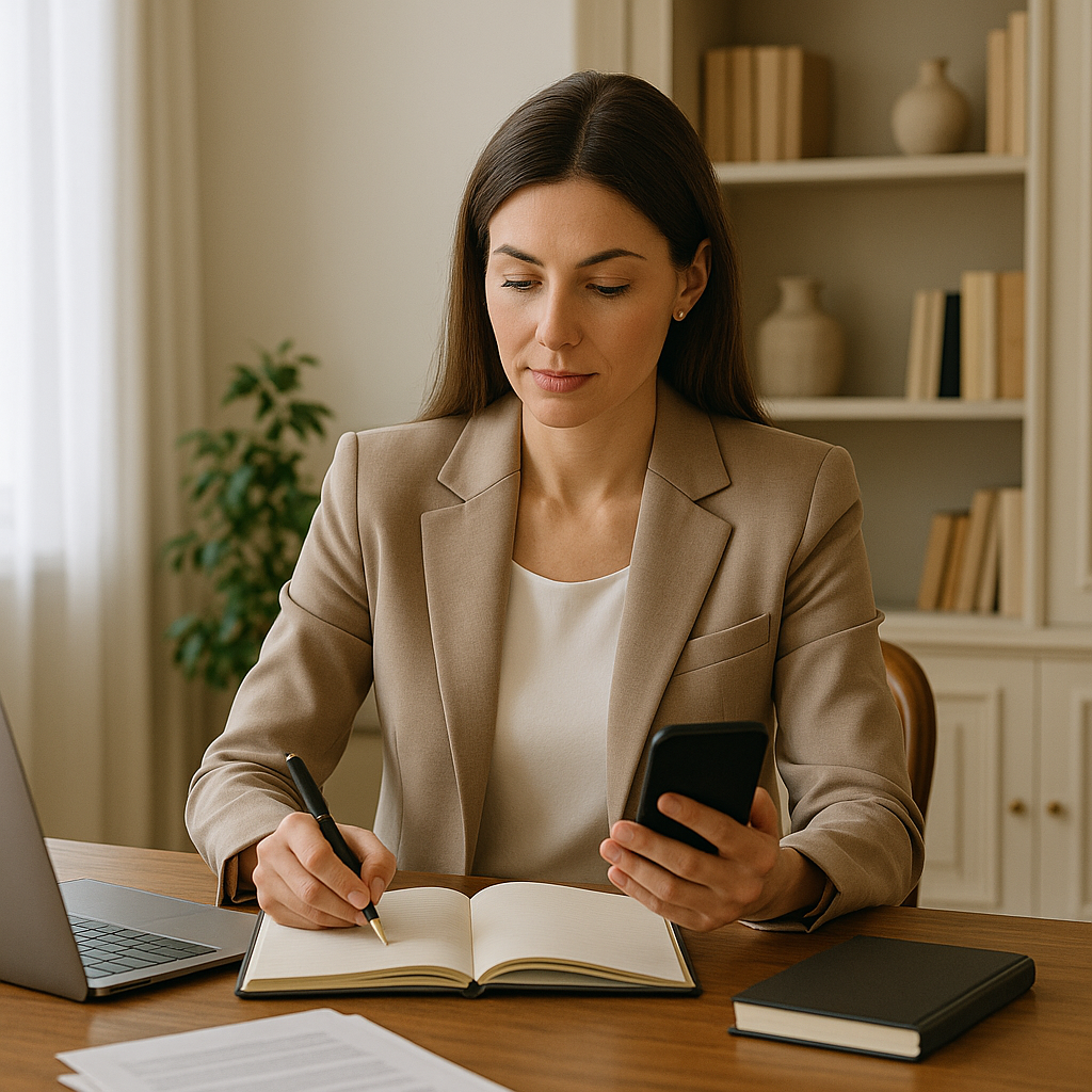 woman sitting at desk writing and phone in hand