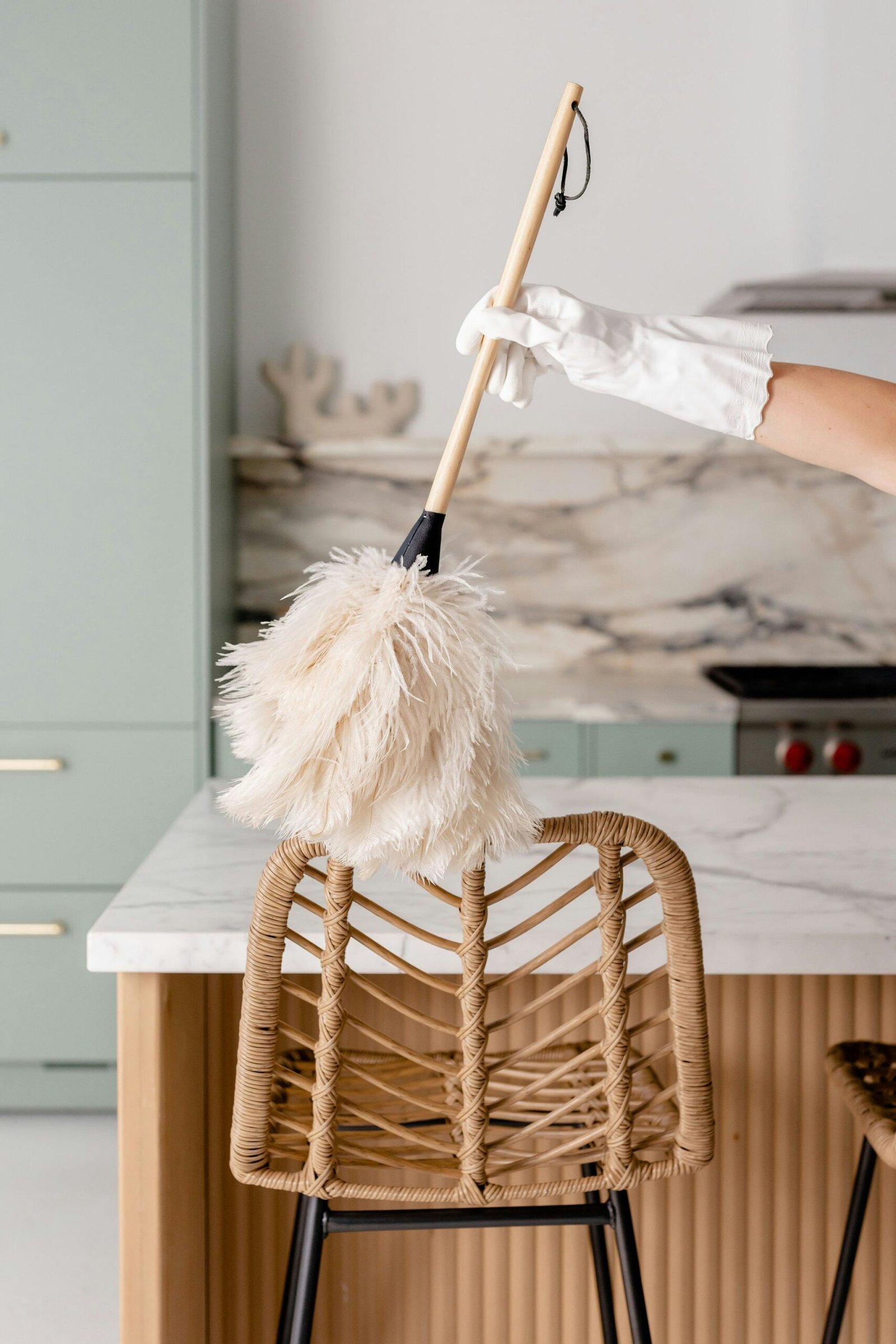 Housekeeper dusting with care in a well-appointed kitchen